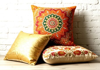 Three decorative throw pillows isolated on white background