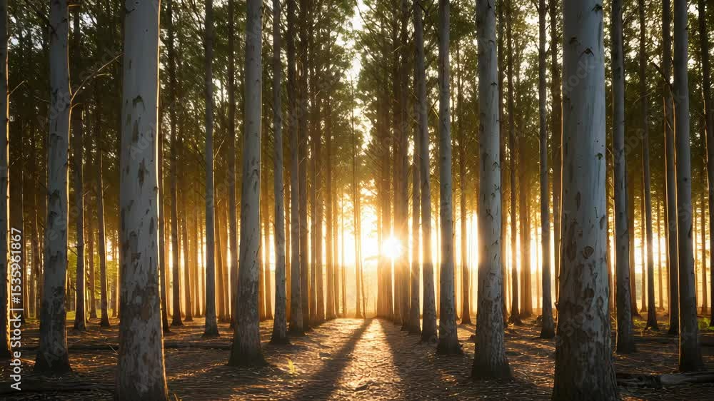 Poster sunlit forest path with tall trees in rows casting shadows at golden hour nature landscape