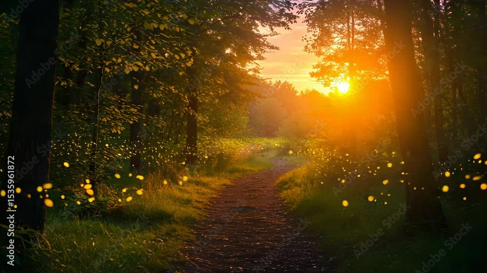 Poster sunlit forest path with fireflies at dusk golden hour scene with lush greenery and warm light creati
