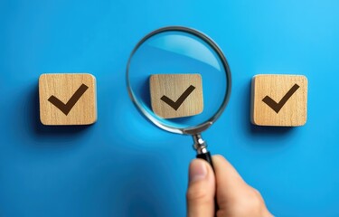 A hand holds a magnifying glass over a wooden block with a checkmark, while other similar blocks are visible