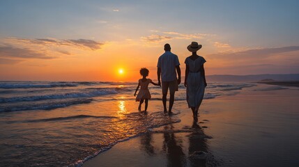 Silhouette Family Beach Sunset Walk Ocean Waves Golden Hour Summer Vacation Happy Family Time Together Parents Child Holding Hands Lovely Summer Evening Peaceful Seascape Scenic   