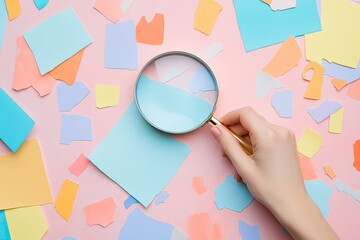 A hand holds a magnifying glass over colorful paper scraps on a pink surface