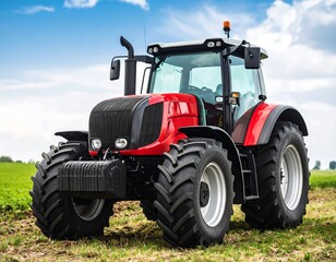 Red tractor in a field under blue sky