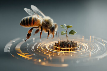 Bee hovers near small plant growing in soil surrounded by digital rings symbolizing business and sustainability in nature and technology harmony.