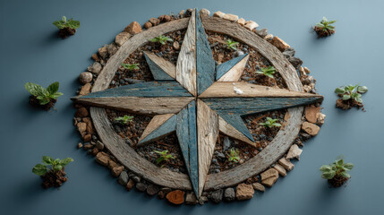 Navigating business growth with sustainable strategy is symbolized by rustic wooden compass surrounded by small green plants on blue surface.