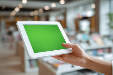 Person holding white tablet with green screen in modern office environment showing business and sustainability focus in technology use.