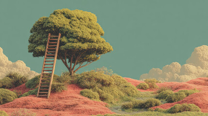 Climbing wooden ladder toward sustainable future in peaceful landscape with green tree and soft pink grass under calm blue sky.