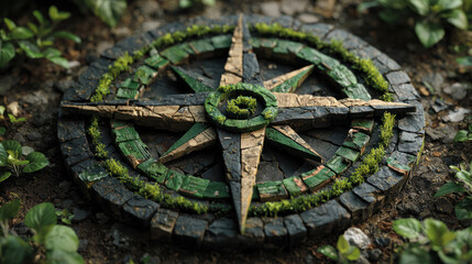 Navigating business growth with sustainable strategy is symbolized by moss covered stone compass on forest floor inspiring direction and success.