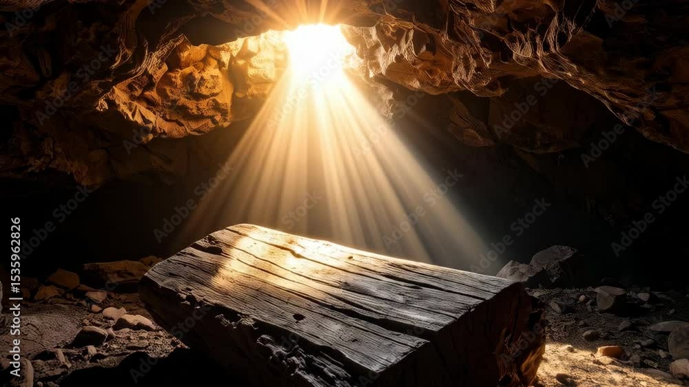 Poster Illuminated log resting in a rocky cave with light rays streaming through an opening creating atmosphere