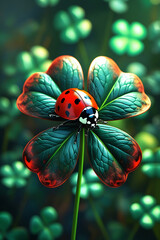 Ladybug on a vibrant green four leaf clover