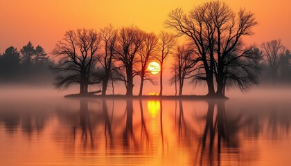 Naklejka premium Tranquil sunrise over a misty lake with silhouetted trees