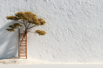 Climbing wooden ladder toward sustainable future with small tree growing against textured white wall in minimalistic setting.