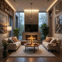 A cozy interior design with warm lighting and modern furniture