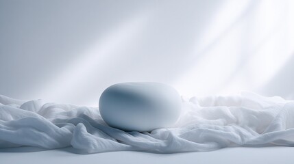 Minimalist white object on draped fabric with soft light and shadows.