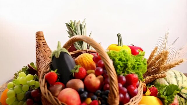 Abundance of fresh fruits and vegetables overflowing from wicker cornucopia on wooden table against a white background.