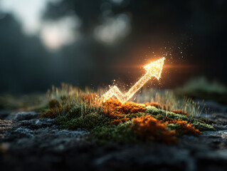 Sustainable business goals powered by renewables are symbolized by glowing arrow rising from moss on rock in natural environment.