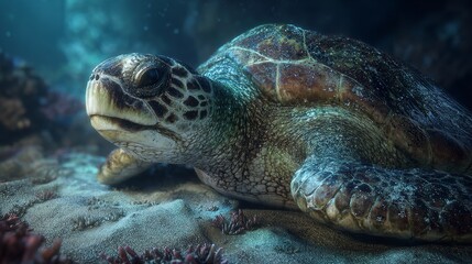 Fototapeta premium A Turtle Sits on Sandy Ocean Floor