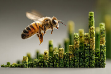 Bee flying over green bar graph made of trees symbolizing business growth and sustainability efforts in eco friendly environment.