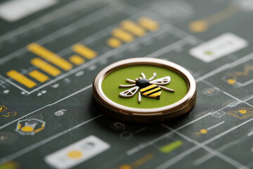 Business sustainability concept with bee icon on green badge and financial chart background showing growth and eco friendly strategy.