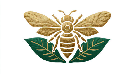 Golden bee with green leaves symbolizing business and sustainability in nature and environment.