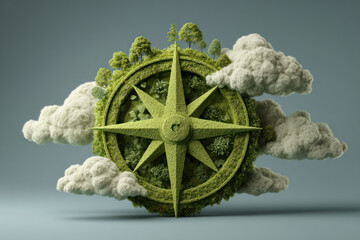Navigating business growth with sustainable strategy is symbolized by green compass surrounded by trees and clouds inspiring eco friendly success.