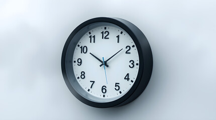 Close-up view of a round black wall clock on a white wall background
