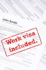 Approved for relocation on work visa, Fake mock CV curriculum vitae for John Smith, selected by HR as perfect candidate. Concept of job search, employee selection, emigration, and hiring process.