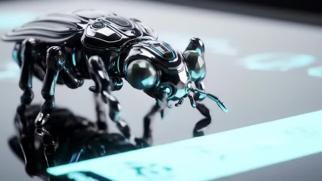 Robotic beetle, a smart, futuristic metallic insect with glowing blue accents, traverses a digital surface, embodying advanced AI and cybersecurity technology.