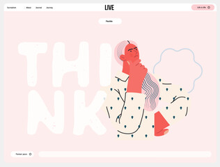 Thinking people, modern flat vector concept illustration- woman standing thoughtfully, looking upwards, bubble near head Metaphor for reflection, analysis, introspection, contemplation, deep thought