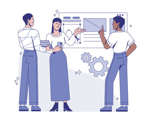 Group of diverse people discussing user interface elements, flat graphic style, white background, concept of teamwork and digital collaboration. Vector illustration