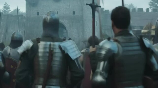 Medieval soldiers, clad in armor, march towards a castle gate, their shields and weapons glinting in the overcast light, preparing for battle or a ceremonial entrance