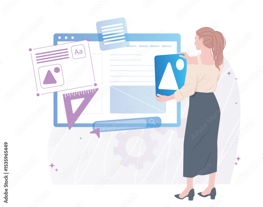 Aufkleber woman holding image element arranging webpage layout with icons, ruler, and digital interface in mod