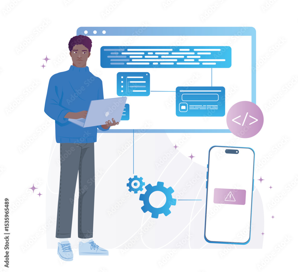 Poster male developer holding laptop coding with interface elements, gears, and smartphone on abstract tech