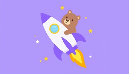 Cute cartoon bear on rocket with stars - great for digital content