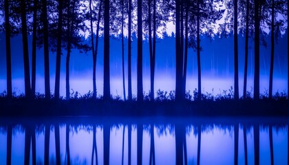 Misty lake reflecting trees at night - perfect for environmental blogs