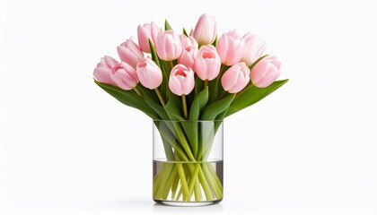 Fototapeta premium Pink tulips in glass vase on white - perfect for editorial use