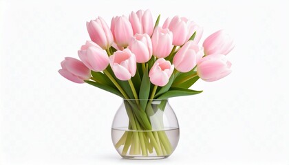 Fototapeta premium Pink tulips in a vase on white - works well for marketing materials