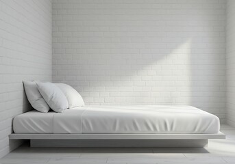 Minimalist bedroom with white brick wall and floating bed platfo