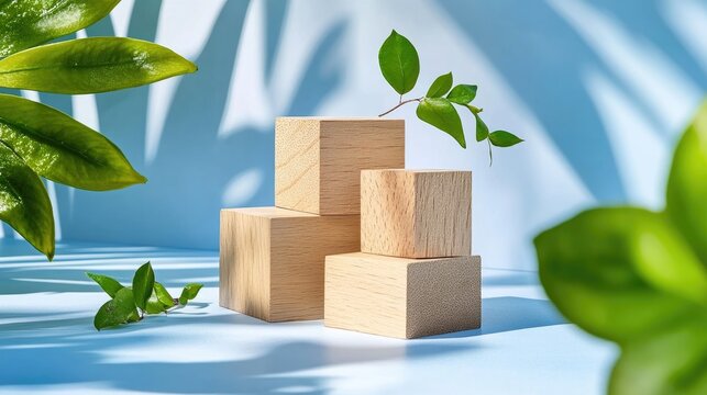 Minimalist wooden blocks in beige tones stacked with sprigs of green leaves on soft blue surface