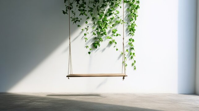 Minimal wood swing suspended from ceiling with green vines against pure white wall
