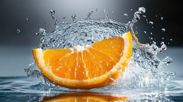Juicy orange wedge hitting water with splash, vibrant citrus photography on clean background