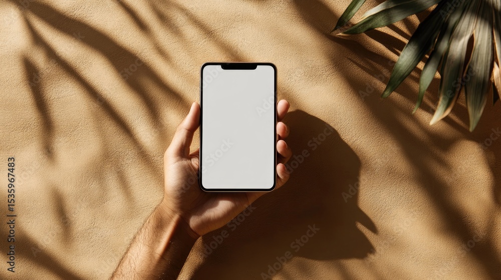 Poster Hand holding smartphone with blank screen mockup on soft brown background, ready for app display or branding