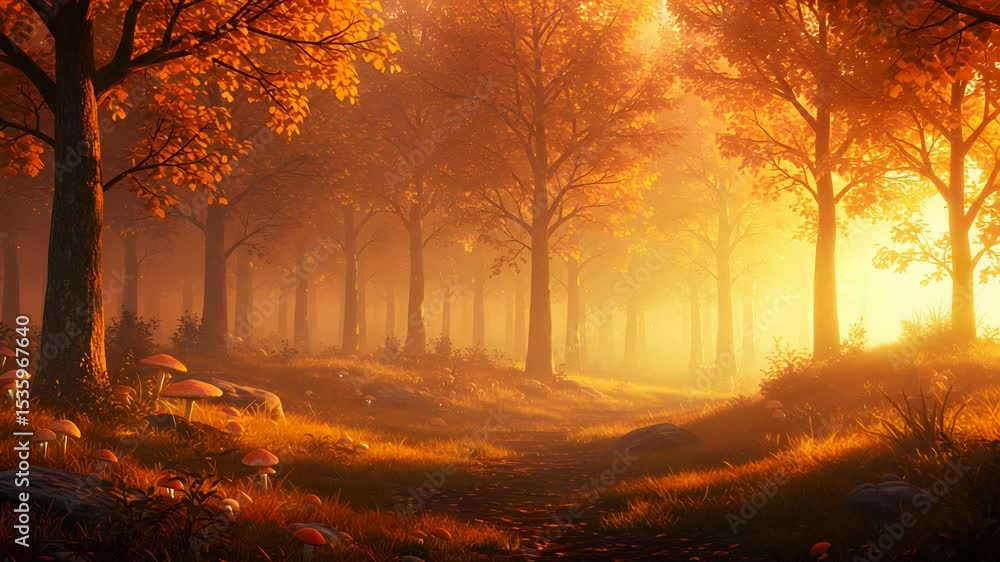 Poster enchanting autumn forest path illuminated by golden sunlight and fall foliage in a mystical setting
