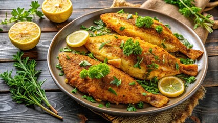Pan-seared golden crispy spiced fried catfish on a plate, garnished with fresh herbs and served with lemon wedges , fried, fish,  fried