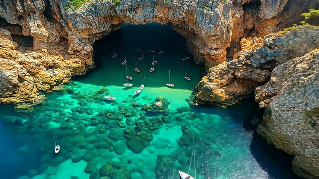 Spectacular Aerial View of Cala del Moro Cave and Turquoise Waters in Mallorca Spain