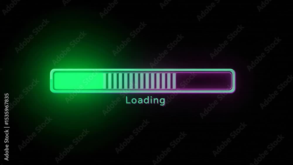 Poster futuristic neon loading bar animation with glitch effect on black background