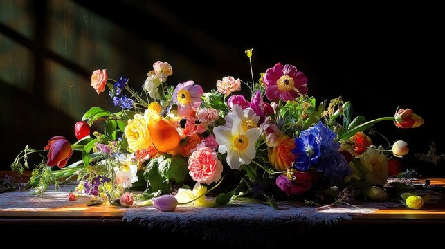 Flowers in dim lighting with rich shadows and highlights, romantic baroque-inspired setting