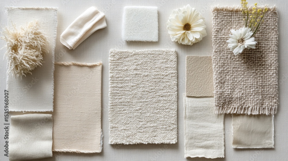 Poster flat lay of fabric swatches in beige and off-white tones with textured surfaces and soft light