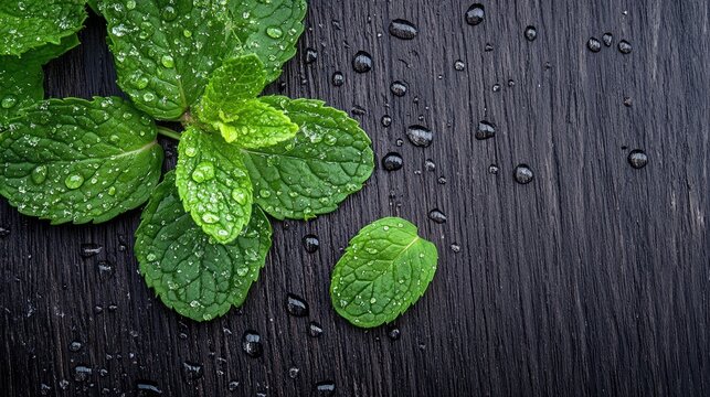 Fresh mint sprig with water droplets on moody wood surface, botanical ingredient visual