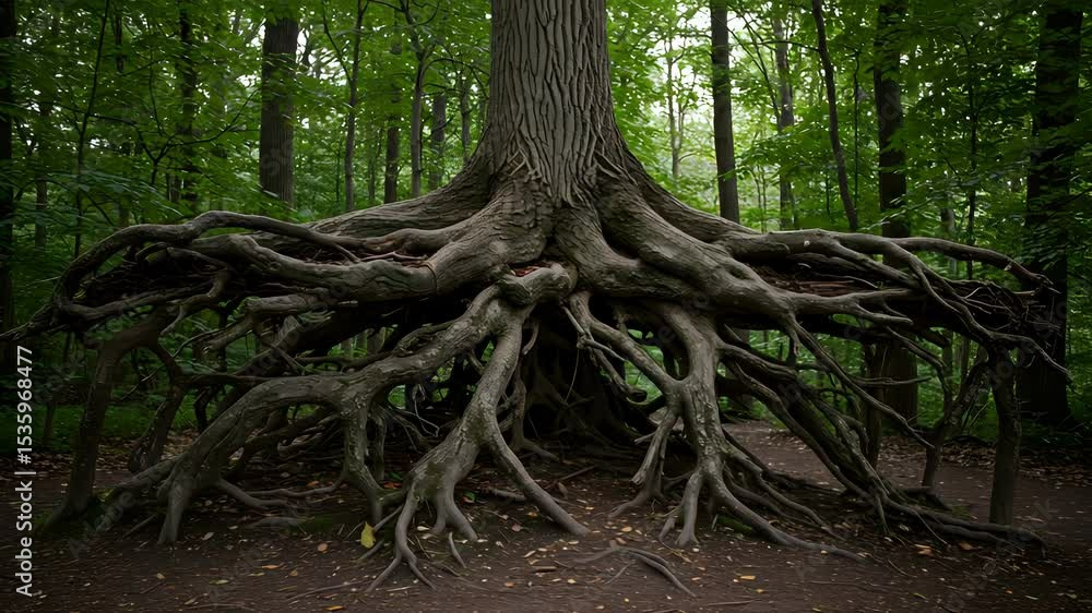 Poster magnificent tree with complex root system in lush forest under soft daylight with detailed trunk and